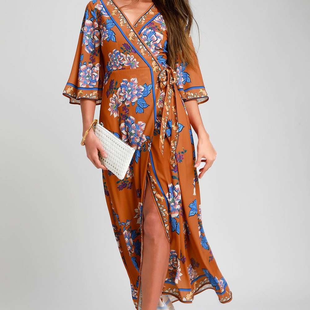 Rust Orange Floral Print Maxi Wrap Dress